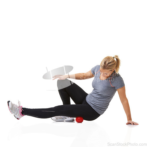 Image of Woman, massage ball and physical therapy in studio, injury and health or wellness by white background. Female person, athlete and healing or rehabilitation for muscles in legs and body in mockup