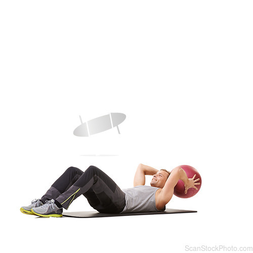 Image of Man, medicine ball and sit up for workout exercise in studio on white background for mockup space, healthy or strength. Male person, sports equipment and training mat, target abs muscle or wellness