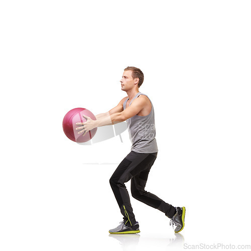 Image of Man in studio with power, gym ball and mockup for exercise, body wellness and commitment. Workout, muscle training and athlete with sphere for balance, fitness and performance on white background.