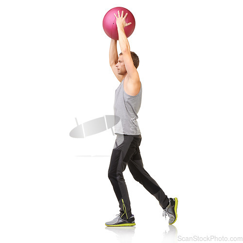 Image of Man in studio with stretching, gym ball and mockup for exercise, body wellness and commitment. Workout, muscle training and athlete with sphere for balance, fitness or performance on white background