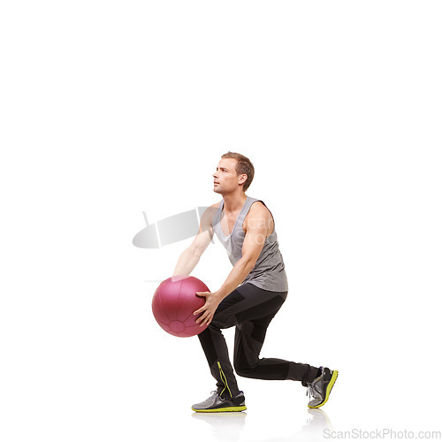 Image of Man in studio with fitness, medicine ball and mockup for exercise, body wellness and commitment. Workout, muscle training and athlete with sphere for balance, gym and performance on white background.