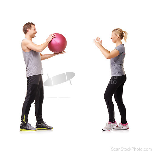 Image of Fitness, man and woman with medicine ball for coaching in exercise, body wellness and support. Sports workout, girl and personal trainer with sphere for balance, training and gym on white background.