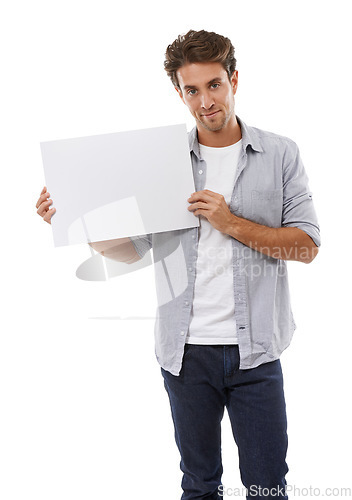 Image of Poster, mockup and portrait of man with sign, presentation and communication of announcement in white background. Blank, placard and person advertising in studio, space and billboard for news or info