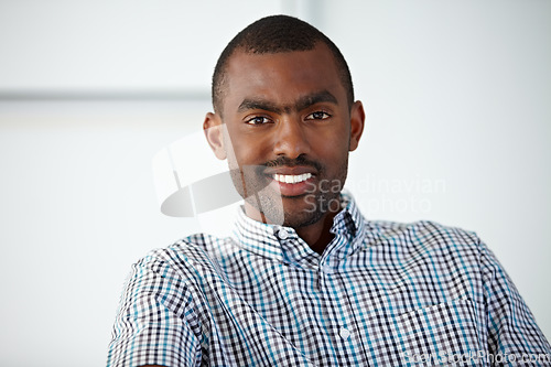Image of Happy, office and portrait of business black man for work, career and job in workplace. Corporate manager, startup company and face of worker with smile for confidence, pride and positive mindset