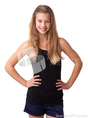 Image of Portrait, smile and teen kids for fashion with a blonde girl in studio isolated on a white background. Model, trendy or style and a happy young child looking confident in a casual clothing outfit