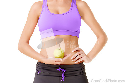 Image of Woman, apple and stomach for health in studio with mock up for diet for digestion on white background. Female person, hold and fruit for nutrition, wellness and care with fresh, organic and produce.