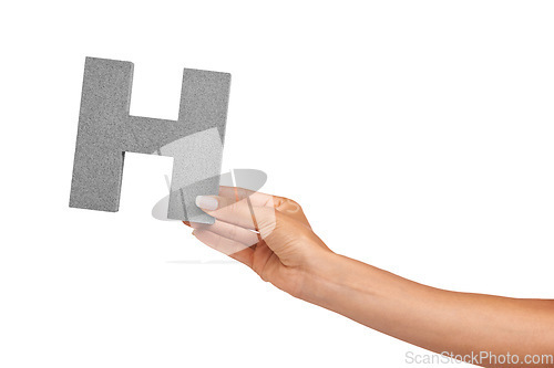 Image of Hand of woman, capital letter H and presentation of font isolated on white background. Character, upper case and person with English alphabet typeface for communication, reading and writing in studio