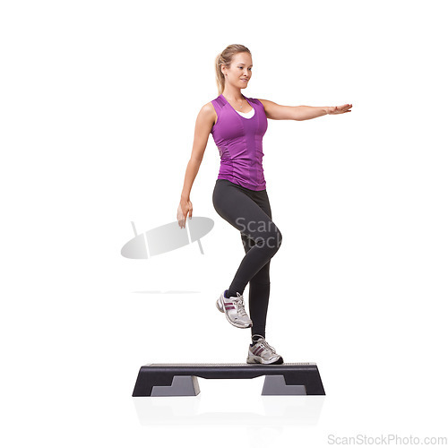 Image of Fitness, woman and aerobics with health, workout and wellness isolated on a white studio background. Person, girl and model with steps, exercise and training with cardio, healthy and mockup space