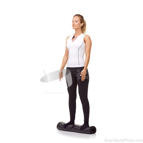 Image of Woman, exercise and mat in studio for fitness, pilates or workout for healthy body, wellness or balance. Person, face and yoga in sportswear for physical activity on mock up space or white background