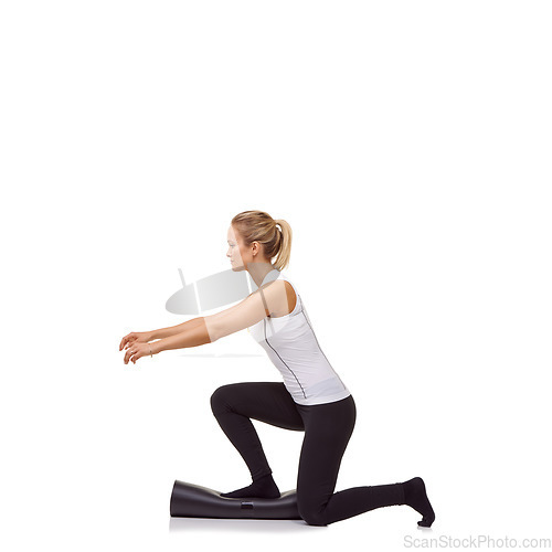 Image of Woman, lunge and training on mat, studio profile or stretching for fitness, health or space by white background. Girl, yoga or pilates with exercise, thinking and muscle development for legs on floor