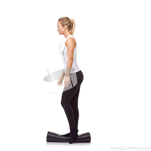 Image of Woman, exercise and mat in studio for balance, pilates or workout for healthy body, wellness or fitness. Person, face and yoga in sportswear for physical activity on mock up space or white background