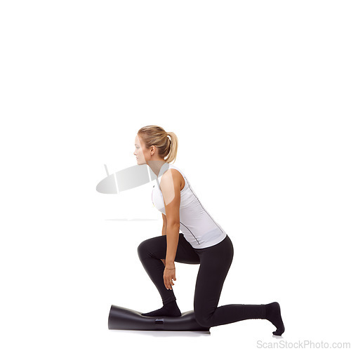 Image of Woman, lunge and exercise on mat, studio profile or stretching workout for fitness, health or white background. Girl, yoga or pilates with training, thinking and muscle development process on floor