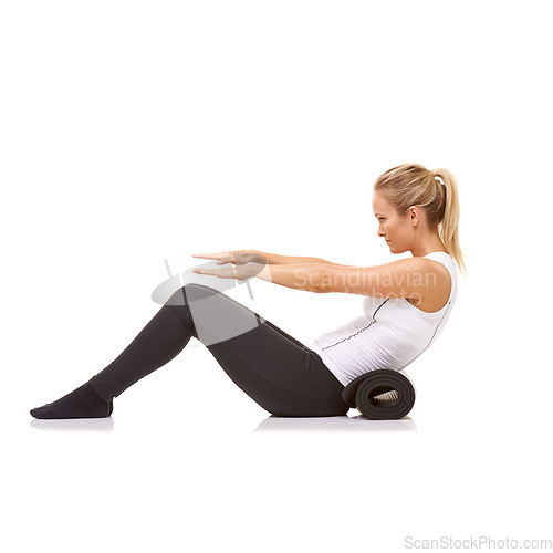 Image of Woman, sit up and exercise with mat in studio profile, stretching and stomach for fitness by white background. Girl, strong abdomen and workout for health, thinking or muscle in mockup space on floor