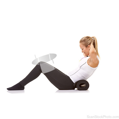 Image of Woman, situp and training with mat in studio profile, stretching and stomach for fitness by white background. Girl, strong abdomen and workout for smile, thinking or muscle with mockup space on floor