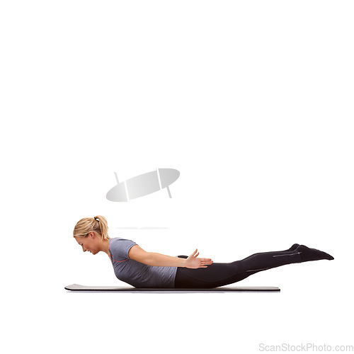 Image of Woman, back extension and fitness for workout, flexible body or strong core in studio on mockup white background. Yoga, profile and healthy lady balance on floor for agile training of locust exercise