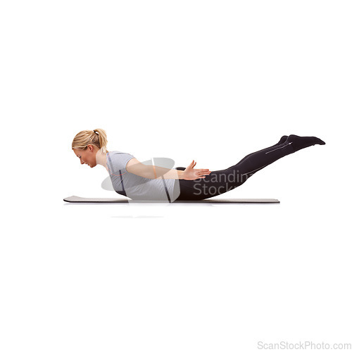 Image of Woman, back extension and stretching for fitness, workout and flexible body in studio on mockup white background. Yoga, profile and strong lady balance on floor for core, training and locust exercise