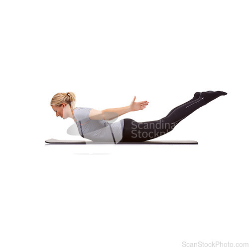 Image of Woman, back extension and fitness in studio for exercise, workout or stretching body on mockup white background. Yoga, profile and healthy lady balance on mat for strong core, training or locust pose