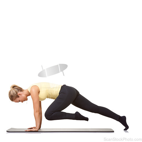 Image of Woman, mountain climber and fitness on mat for exercise, workout or cardio challenge in studio on mockup white background. Profile of healthy lady training for strong core, wellness or plank on floor