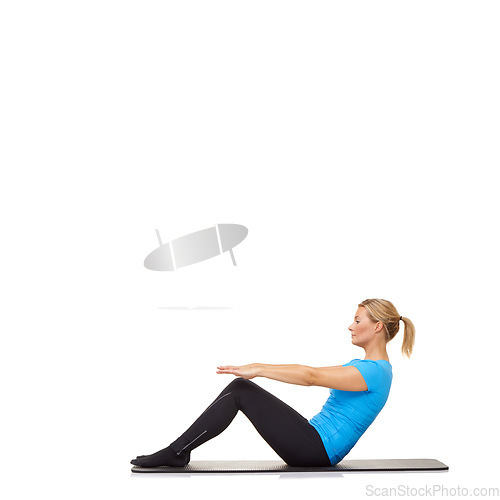 Image of Woman, crunches and fitness on mat in studio for exercise, workout or healthy body with mock up space. Person, training and wellness for abdomen muscle or core strength on floor with white background