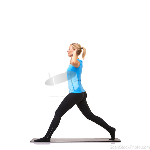 Image of Yoga, health and workout with woman in studio for stretching, exercise and wellness. Gym, fitness and self care with female person on floor of white background for pilates, body and mockup space