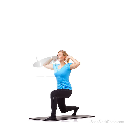 Image of Woman, lunge and fitness on mat, studio profile or stretching workout for exercise, health or white background. Girl, balance or idea in training, mockup space or muscle development process on floor