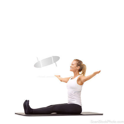 Image of Exercise, health and training with woman in studio for gym, smile and wellness. Workout, fitness and self care with female person on floor of white background for pilates, body and mockup space