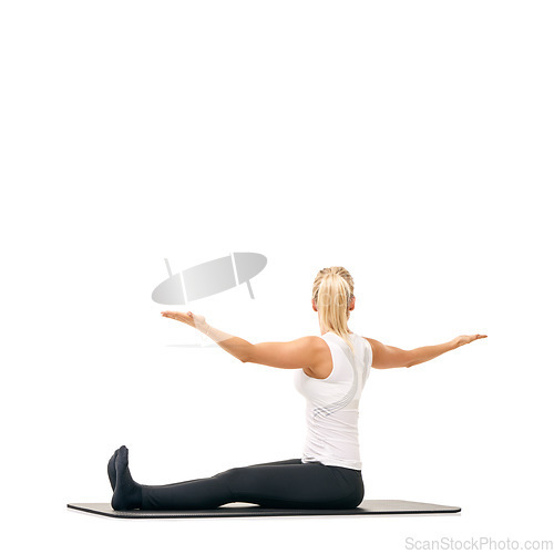 Image of Yoga, workout and relax with woman in studio for stretching, exercise and wellness. Health, fitness and self care with female person on floor of white background for pilates, body and mockup space