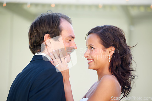 Image of Marriage couple, happy and love for wedding commitment, promise and celebration together for care. Bride, groom and life partner, smile and ceremony event in romantic eternal bond at outdoor chuppah