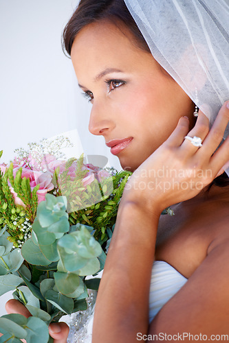 Image of Wedding, woman or bride with flowers outdoor for ceremony, party or celebration of love. Marriage, reception and profile of female person with rose bouquet for luxury event, commitment or elegance