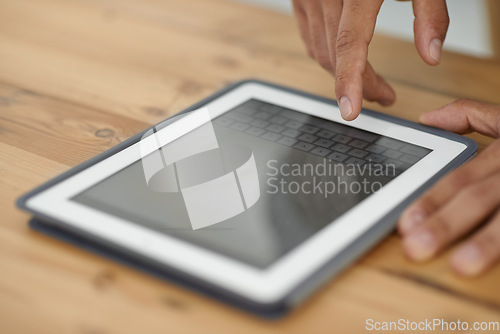 Image of Person, hand and tablet for online connection or technology communication, social media or internet screen. Fingers, close up and typing as digital research or keyboard conversation, email or project