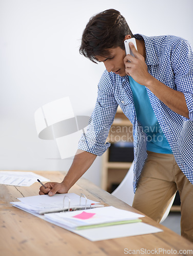 Image of Business man, phone call and planning with documents, folder or paperwork for accounting and financial advice. Professional worker talking on his mobile for startup information and taxes management