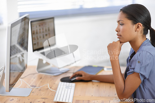 Image of Business woman, desktop or thinking in office of online information, website review or planning solution in creative startup. African designer, computer or research ideas of insight in digital agency