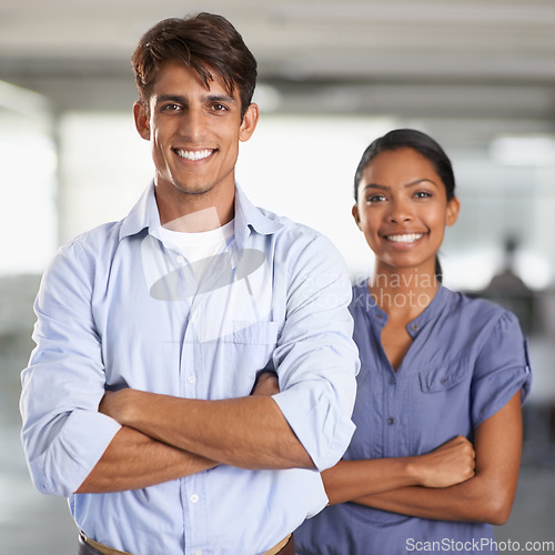 Image of Business, portrait and arms crossed in team in workplace, corporate career and positive in about us. Man, woman and face as diversity in start up, trust and collaboration as professional in office