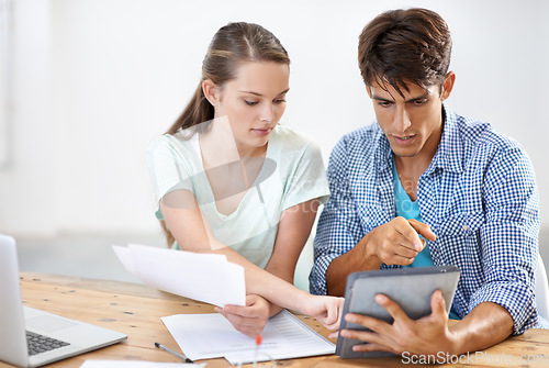 Image of Admin, paperwork and business people with tablet, help and brainstorming in market research. Startup, man and women at desk with digital app in office for networking, coworking and document report.