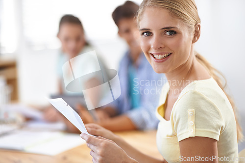 Image of Smile, document and portrait of woman in a meeting in office for project planning or brainstorming. Happy, team and closeup of young female designer from Australia working with paperwork in workplace