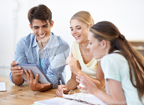 Image of Teamwork, tablet or designers planning in meeting for documents or paperwork together in office. Collaboration, employees talking or happy people speaking of creative ideas with smile in startup