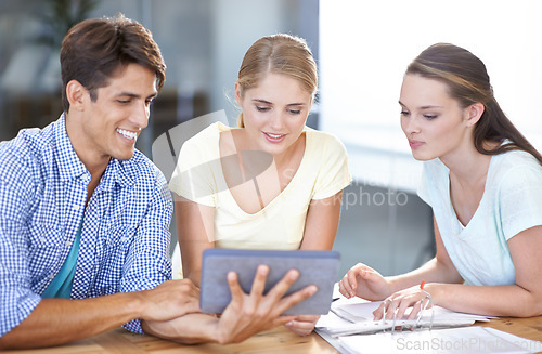 Image of Teamwork, tablet or designers with research in meeting for documents or paperwork together in office. Collaboration, employees reading or happy people watching videos online with smile in startup