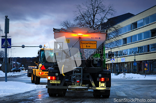 Image of Gritting Truck and Snow Tractor at Traffic Lights