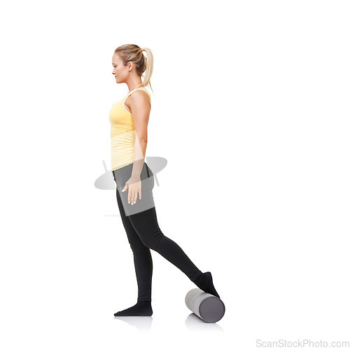 Image of Studio, foam roller and woman exercise for leg strength challenge, tension relief or rehabilitation fitness. Pilates workout, mockup space and person training for body wellness on white background