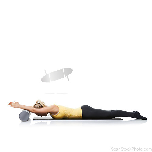 Image of Yoga, foam roller and woman in floor exercise, stretching or gym performance for wellness, fitness or pilates training. Workout equipment, mockup studio space or person isolated on white background