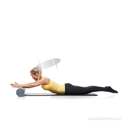 Image of Yoga, foam roller and woman in core workout, stretching or gym routine for wellness, fitness or pilates training. Active, mockup studio space and athlete performance on white background ground