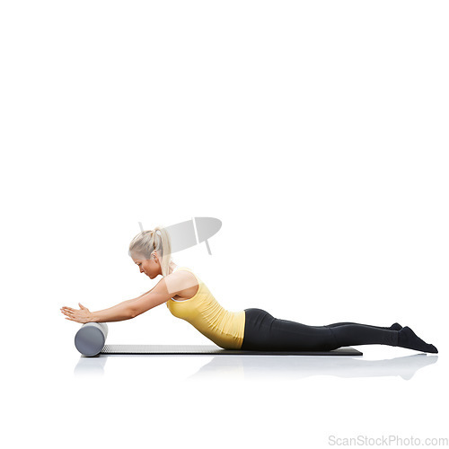 Image of Yoga, foam roller and woman in core exercise, stretching or gym routine for body wellness, fitness or pilates training. Workout equipment, mockup studio space and athlete on white background ground
