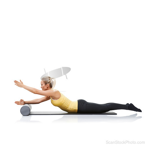 Image of Pilates, foam roller and woman in floor exercise, stretching or gym routine for sports wellness, fitness or physical training. Stability, mockup studio space or profile of athlete on white background