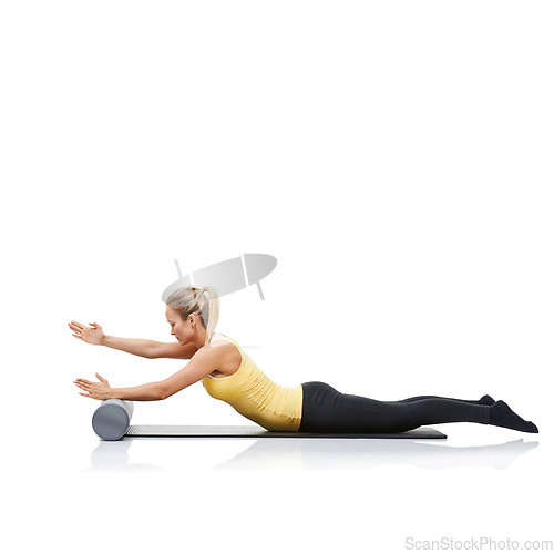 Image of Pilates, foam roller and woman in floor workout, stretching or gym routine for wellness, fitness or physical training. Activity, mockup studio space and profile of female athlete on white background