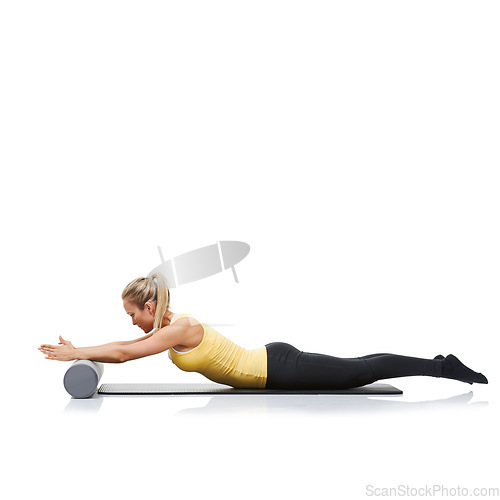 Image of Pilates, foam roller and fitness woman in floor exercise, stretching or sports wellness for core strength, workout or training. Balance, mockup studio space and athlete commitment on white background