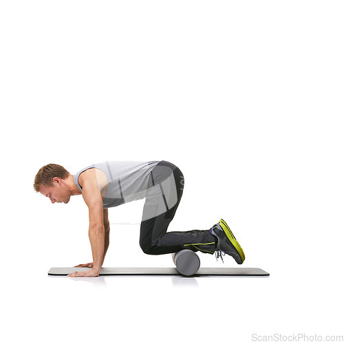 Image of Exercise, foam roller and man in floor push up for arm strength building, muscle growth or bodybuilding workout. Balance, mockup studio space or sports person in pilates training on white background