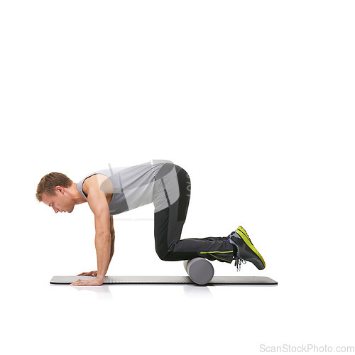 Image of Exercise balance, foam roller and man in push up for arm strength building, muscle growth or rehabilitation workout. Stability activity, mockup studio space or person training on white background