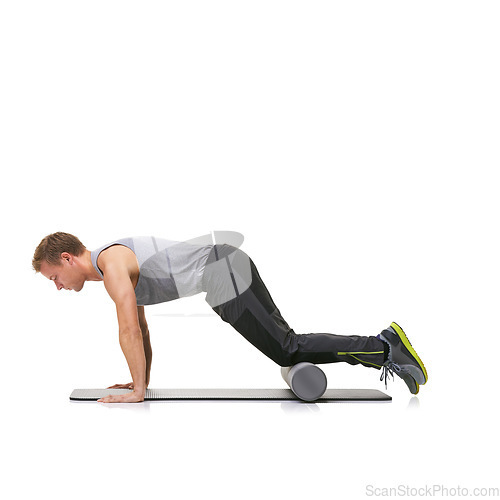 Image of Arm exercise, foam roller and man in push up for strength training, muscle endurance or pilates rehabilitation workout on ground. Yoga mat, mockup studio space or active person on white background