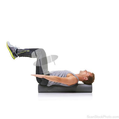 Image of Balance workout, foam roller and man in pilates back exercise, stability and endurance performance for core strength. Fitness, mockup studio space and sports athlete on white background floor