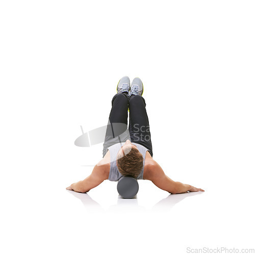 Image of Balance exercise, foam roller and person in pilates workout, floor stability or muscle endurance activity. Studio, gym equipment and athlete fitness for core strength development on white background